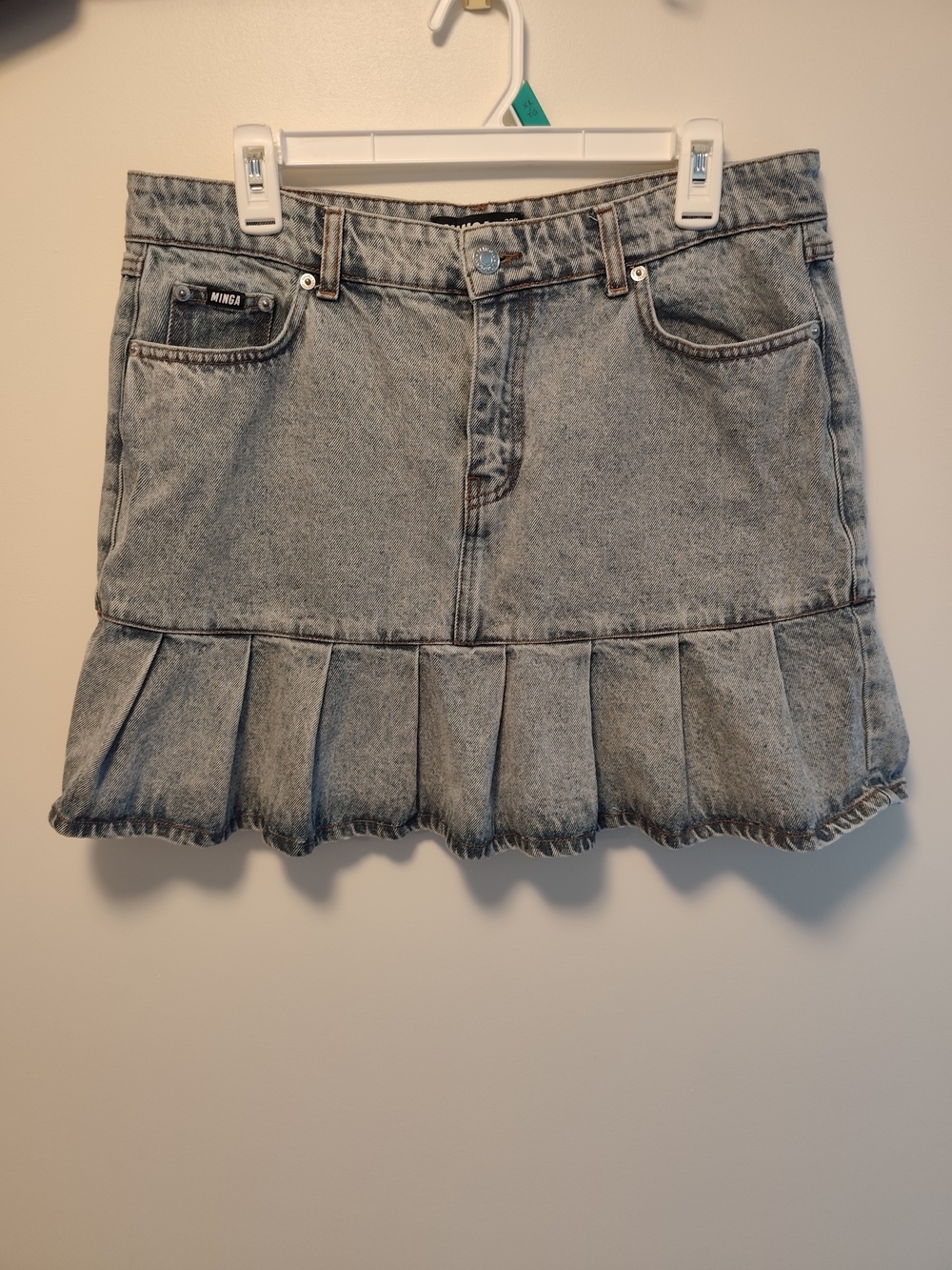 Minga London Acid Wash Pleated Denim Mini Skirt US 8 32" 100% Cotton